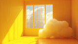Fototapeta Sport - 3D render yellow background. Abstract minimalism with clouds. Image features a creative 3D rendering of a yellow backdrop with white clouds emanating from a tunnel, creating a visually captivating and