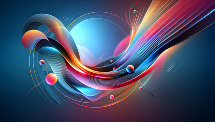 Wall Mural - Vibrant Abstract Digital Art with Fluid Waves and Glowing Spheres on Gradient Background. AI Generative.