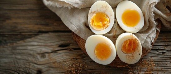 Wall Mural - Soft Boiled Eggs on Wood Background: A Delicate Display of Softness, Boiled to Perfection