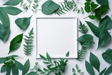 Flat Lay Composition With Green Leaves And White Blank Card On A Pastel Background.
