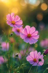 Wall Mural - Beautiful pink cosmos flowers on a bllured background.