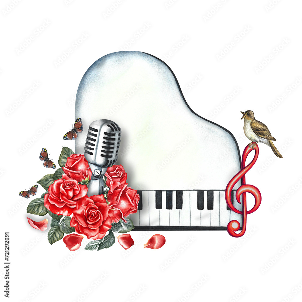 The piano is white, top view, with red roses, a treble clef and a ...