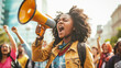 © © Raymond Orton - Woman, megaphone and shouting with protest crowd, protest  in city. Bullhorn, loudspeaker and female leader