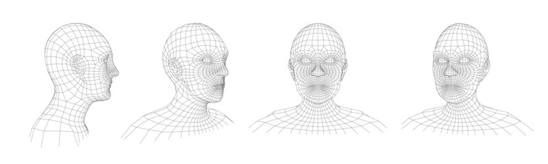 Wireframe human head. Retro wired mesh face, polygonal matrix man portrait and 3D hologram heads vector illustration set with editable stroke paths