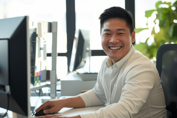 portrait of enthusiastic asian man working on computer in a modern bright office. confident human re