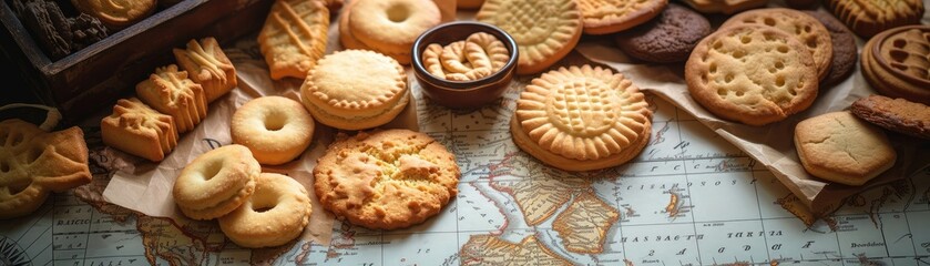 Assortment of traditional biscuits from around the world, displayed on a map background, travel and cuisine concept