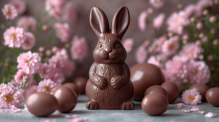 Wall Mural - A Easter bunny made by chocolate near some chocolate eggs and spring flowers.