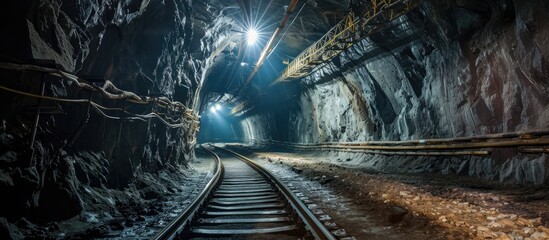 Silesian underground mine with coal and rail tracks.