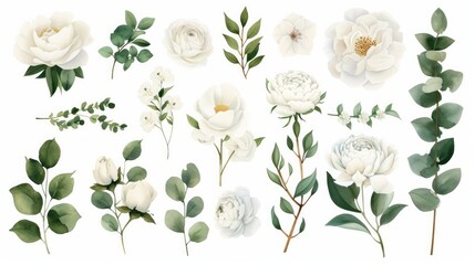 Wall Mural - Watercolor floral illustration set. White flowers, green leaves individual elements collection. Rose, peony, eucalyptus. For bouquets, wreaths, wedding invitations, anniversary, birthday, prints