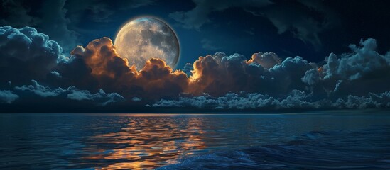 Wall Mural - captivating full moon amidst majestic clouds by the tranquil sea
