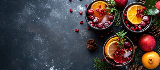 Sticker - Text space for top view of holiday sangria with winter fruits such as cranberries, citrus, and pomegranate.