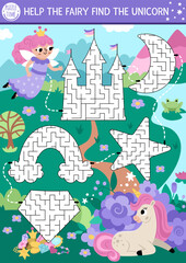 Wall Mural - Unicorn maze for kids with geometrical castle, moon, rainbow, star, crystal shapes on fantasy country background scene. Fairytale preschool printable activity. Magic labyrinth game puzzle with fairy.