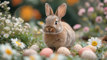 Wall Mural - Easter bunny surrounded by decorated traditional Easter eggs. 