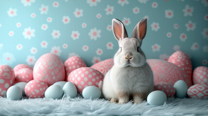 Wall Mural - Easter bunny surrounded by decorated traditional Easter eggs. 