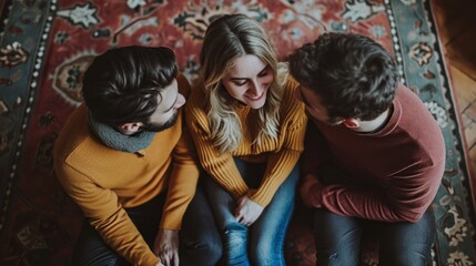 Poster - Three people sitting on a rug looking at each other, AI