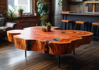 Wall Mural - A minimalist wooden slab coffee table, showcasing the natural beauty of the wood grain. 