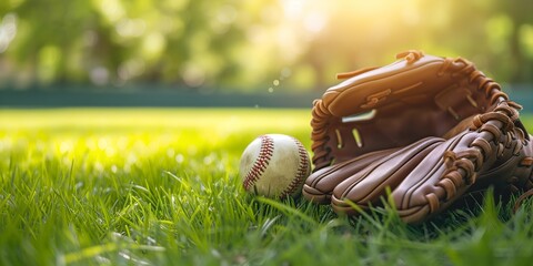 Wall Mural - Baseball glove and ball on green grass with sunlight in the morning
