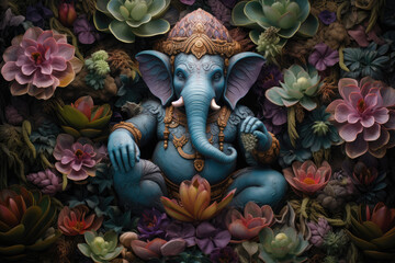 Ganesha statue with flowers and plants. Ganesha is a Hindu god