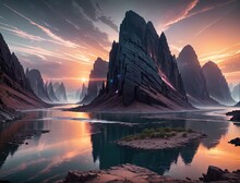 Incredibly Beautiful Landscape With A Mountain River. At Sunrise. The Bright Colors Of The Ambient Light Are Like Something Out Of A Game.