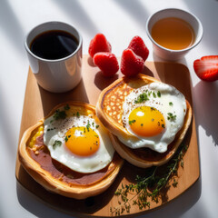 Wall Mural - Top view of a nutritious breakfast with eggs on a board