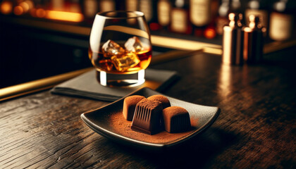 Whiskey on the rocks and chocolate at the bar
