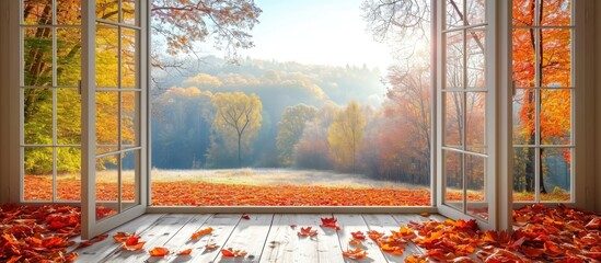 Sticker - Autumn landscape in window background.