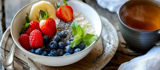Sticker - Morning Bliss: A Healthy Trio of Morning Oat Porridge, Fresh Fruits, and Invigorating Tea