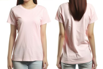 Canvas Print - Mock-Up Female Model for a Plain Light Pink Blank Casual T-Shirt, Front and Back. Generative AI.