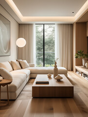 Wall Mural - apartment with wooden floors, white walls and light furniture, modern sofa and large windows