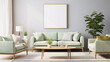© Art AI Gallery - Living room interior with green sofa, coffee table and poster .