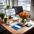 A meticulously organized office desk adorned with a personalized Thank You card, a bouquet of fresh flowers, and a plaque recognizing the employer's contributions.