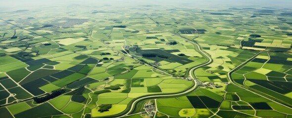 Wall Mural - Farmland unfolds beneath in an aerial panorama, depicting the agricultural expanse from above.