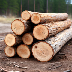 Log trunks pile, the logging timber forest wood industry