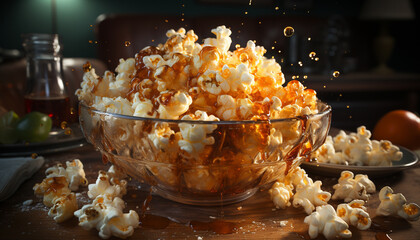 Poster - Fresh gourmet snack on wooden table, perfect for movie night generated by AI