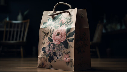 Poster - Wooden gift bag on table, a rustic decoration for indoors generated by AI