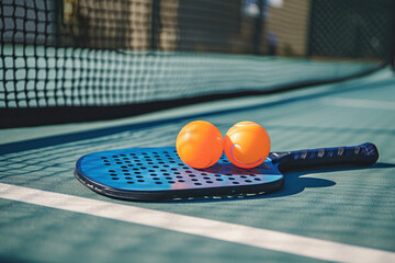 Wall Mural - Two orange pickleball balls with a paddle close-up on a pickleball court, with space for text