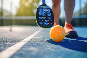 Wall Mural - Orange pickleball ball with paddle close-up on a pickleball court, with space for text