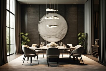 Wall Mural - Dining table with white chairs and lampshade in light gray and light beige style, striped carving, rounded, glossy, realistic drawings, tondo, light beige