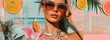 Panoramic summer-themed moodboard in a vintage cut-and-paste style, featuring a woman in sunglasses with citrus slices and palm leaves over a textural newspaper and gradient color background