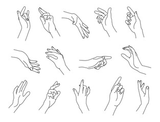 Wall Mural - Set of linear human palms. Hand gestures for pointing, holding, snapping and gentle touch isolated vector line illustration set