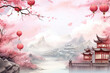 3d rendering of chinese temple with sakura blossom background