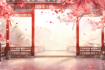 Wall Mural - 3d rendering of chinese temple with sakura blossom background