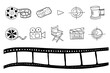 © Natalia - Set of film strips, cinema flapper, director's chair in doodle style. Movie time. Cinema film tape roll 35 mm, blank slide frames. Old retro film strip frame. Vector illustration EPS10. Hand drawn