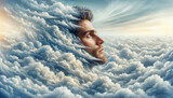 Fototapeta  - Head in the clouds. Man's face emerging from clouds, contemplative gaze, ethereal sky, concept of wonder and introspection.