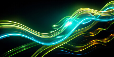 Wall Mural - Dynamic neon light streams with a futuristic glow, intersecting in a display of vibrant blue and green energy lines against a dark background