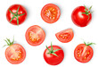 cherry tomatoes whole and halves on a white isolated background, top view
