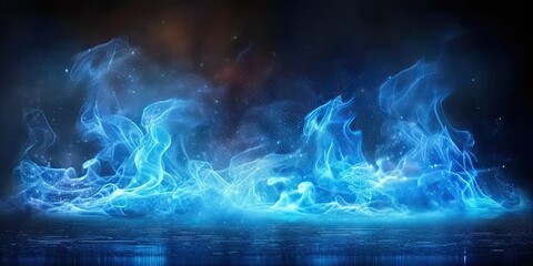 Wall Mural - Smoke swirls in abstract artistry light and shadow dance in blue fire and black background. Elegant curves and flowing forms mystical display of air and energy. Fog and graceful lines in motion