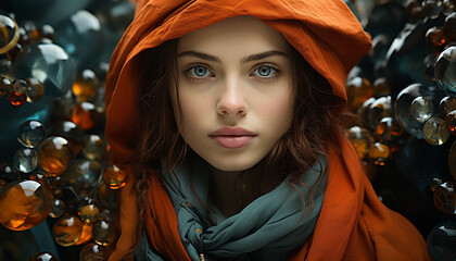 Wall Mural - Young woman in winter fashion, looking confidently at camera outdoors generated by AI