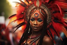 A Woman Wearing A Vibrant Costume Adorned With Feathers On Her Head., Notting Hill Carnival Performer, AI Generated