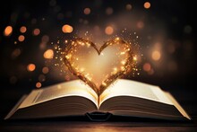An Open Book With A Heart-shaped Topper, Representing The Amalgamation Of Love And Wisdom., Open Book With Heart Shaped Magical Pages, AI Generated